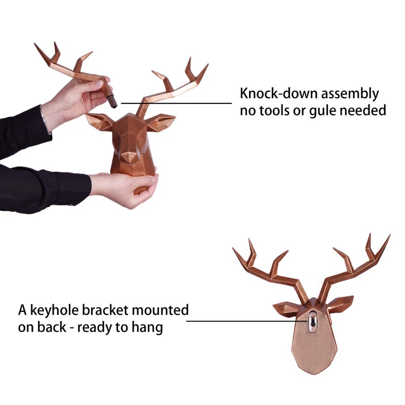 Keygift Deer Head Wall Decor Geometrical Antique Copper Deer Antler Wall Sculpture Faux Resin Animal Head Statue Wall Hanging Centerpiece Ready to Hang - 14x5.5x11 Inches - Image 5